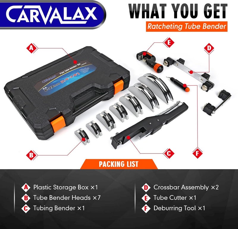 CARVALAX Aluminum Pipe Tube Bender Set,LITE MODEL (No Reverse) with 7 Electroplated Bender Heads, for 1/4” to 7/8” O.D, 90° Ratcheting Tubing Bender for HAVC, Air Conditioning, and Hydraulic Work - Image 3